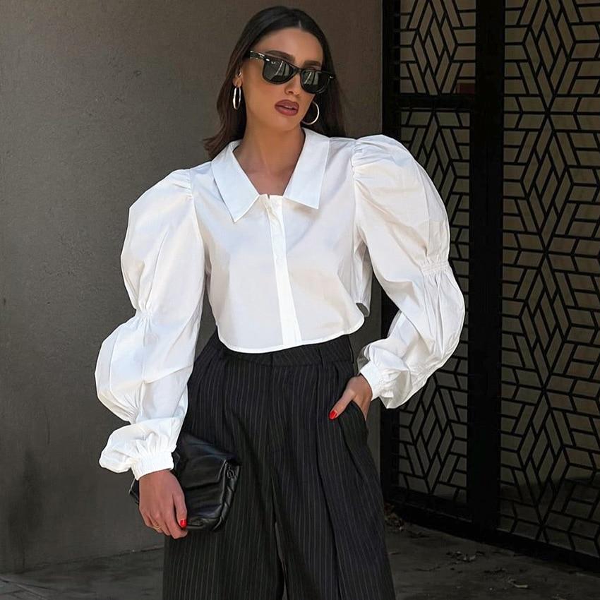 Хлопковая белая блузка с пышными рукавами, женская модная осенняя свободная женская рубашка, однотонные тонкие свободные короткие топы Feamel Одежда Blusas 28681