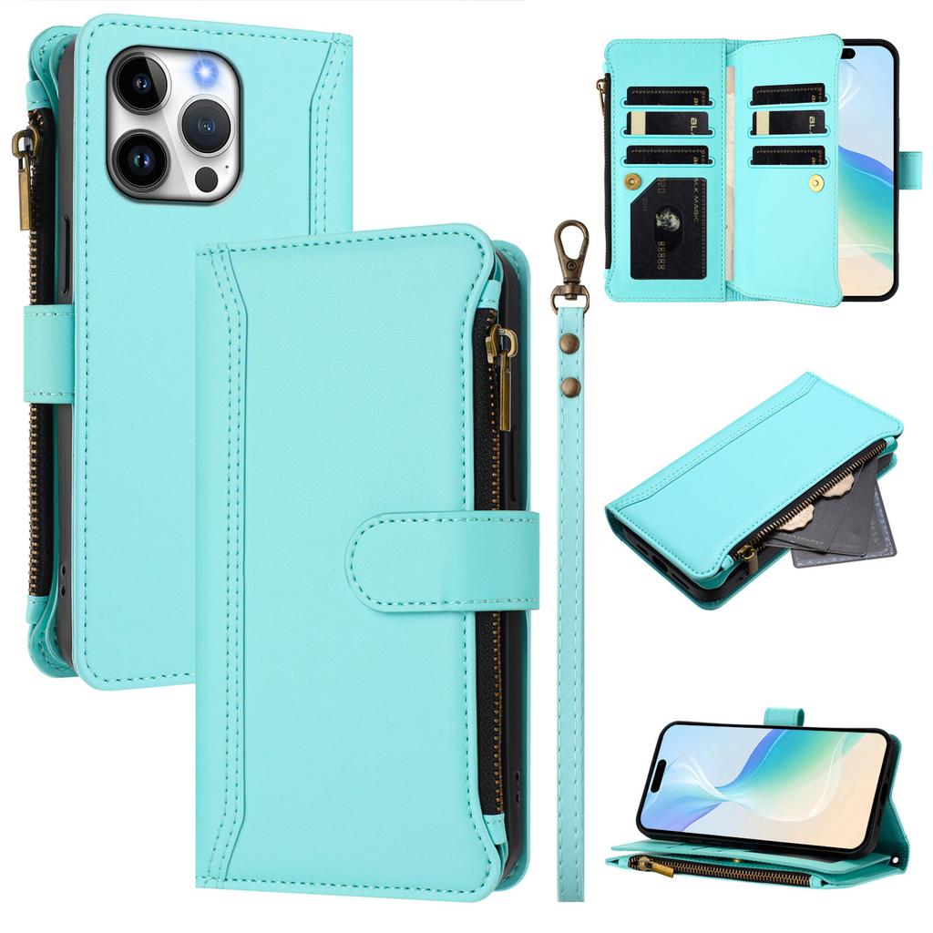 For iPhone 16 Pro Max Leather Case 9 Card Slots Zipper Wallet Stand Phone Cover with Wrist Strap