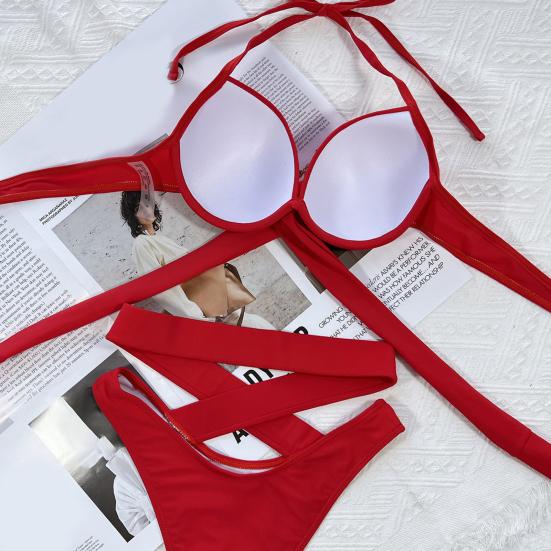 2 Pcs/Set Bathing Suit Solid Color Padded Cross Strap Swimwear Set Spa