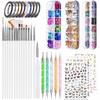Complete nail art decoration kit with nail brushes, rhinestone kit with stickers, dotting pen, foil, flakes, gold and silver thread