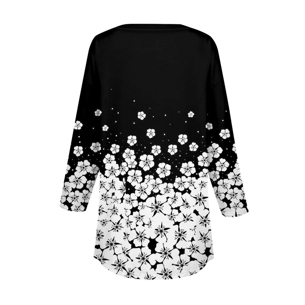 3/4 Length Sleeve Womens Tops Summer T-Shirts Floral Print V Neck Casual Basic Tee Button Shirts Tunic Tops