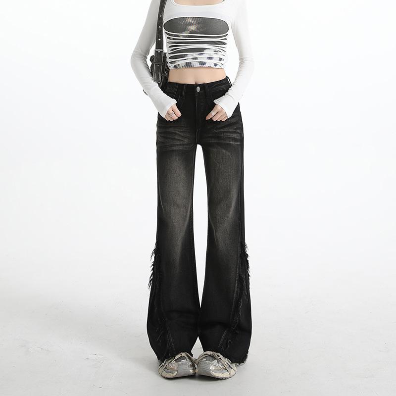 American black micro-pull jeans women's spring new rough edge design high waist without leg horn pants