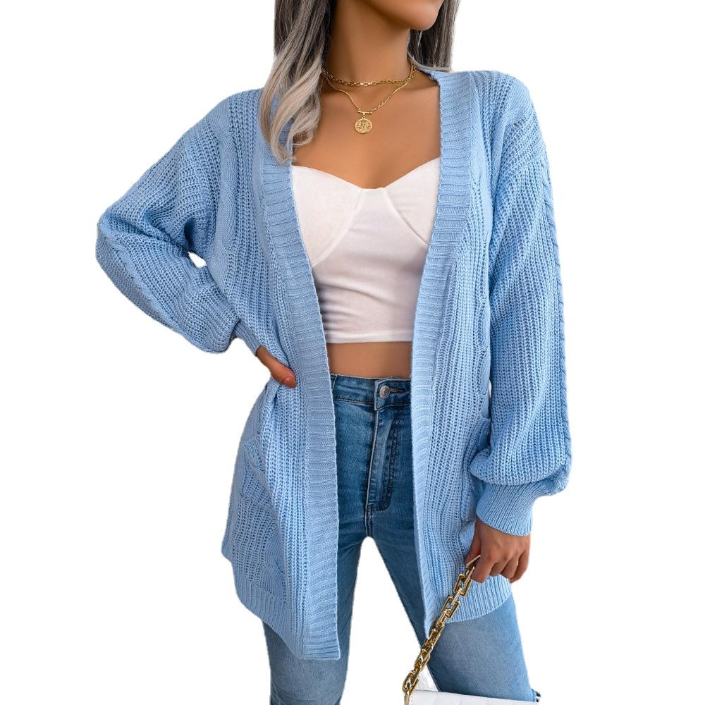 GMXIA Women's Vintage Casual Solid Color Autumn Winter Long Sleeve Loose Jackets & Twist Lantern Cuff Pocket Cardigan Sweater Coats