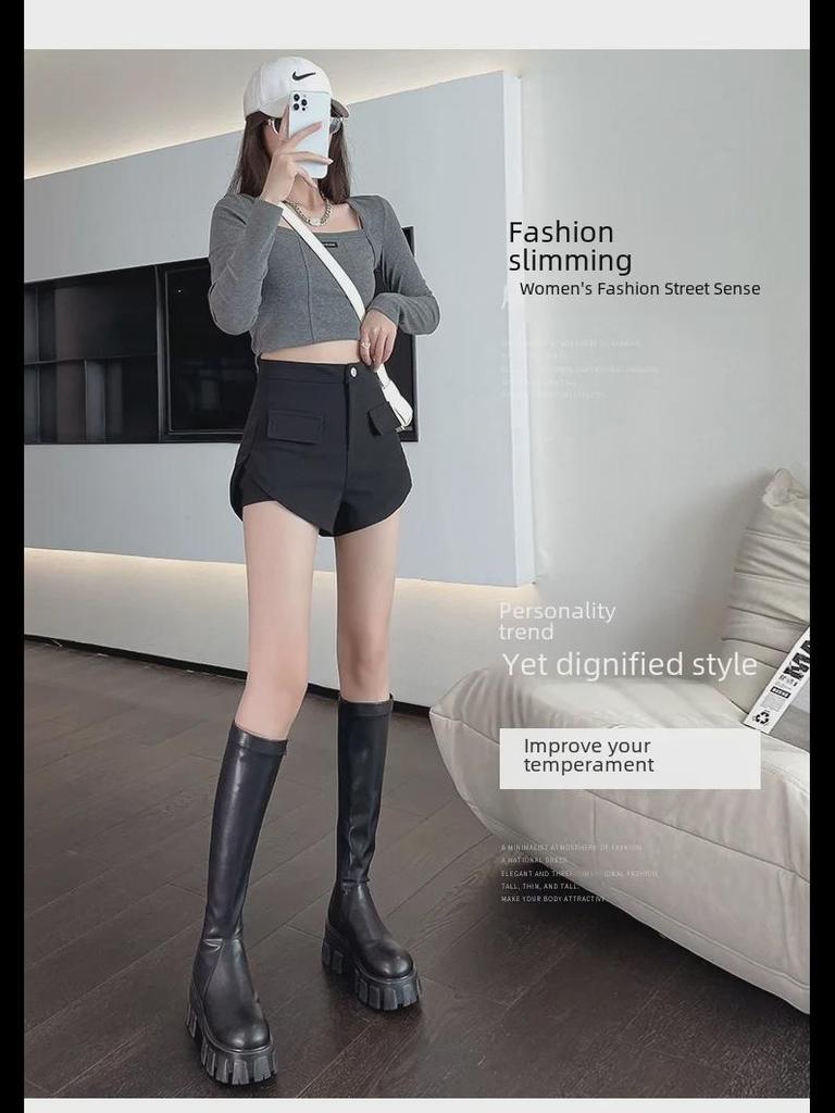 New High-Waist Wide-Leg A-Line Shorts for Petites - Casual, Black, All-Season.