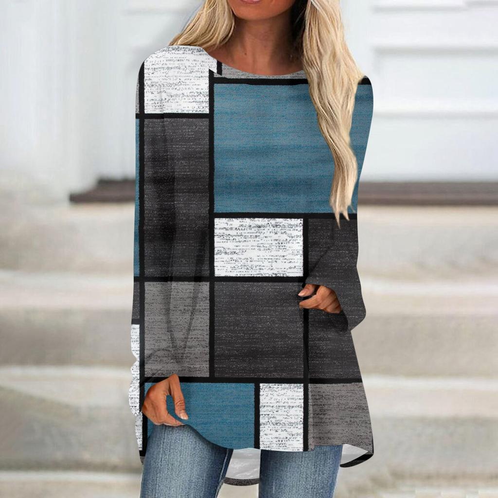 Women's Fashion Casual T-shirt Printing Long Sleeve Round-neck Medium Long Top