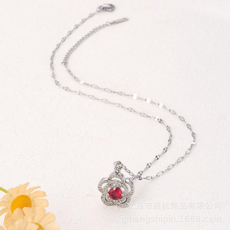 Ruby Necklace Women'S Simple And Versatile Trend Temperament Zircon Flower Pendant Collarbone Chain