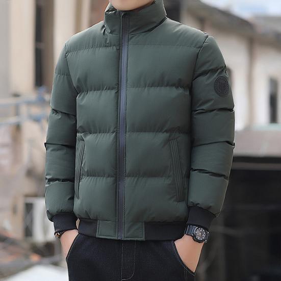 Men Down Jacket Stand Collar Long Sleeve Zipper Closure Jacket Elastic Hem Solid