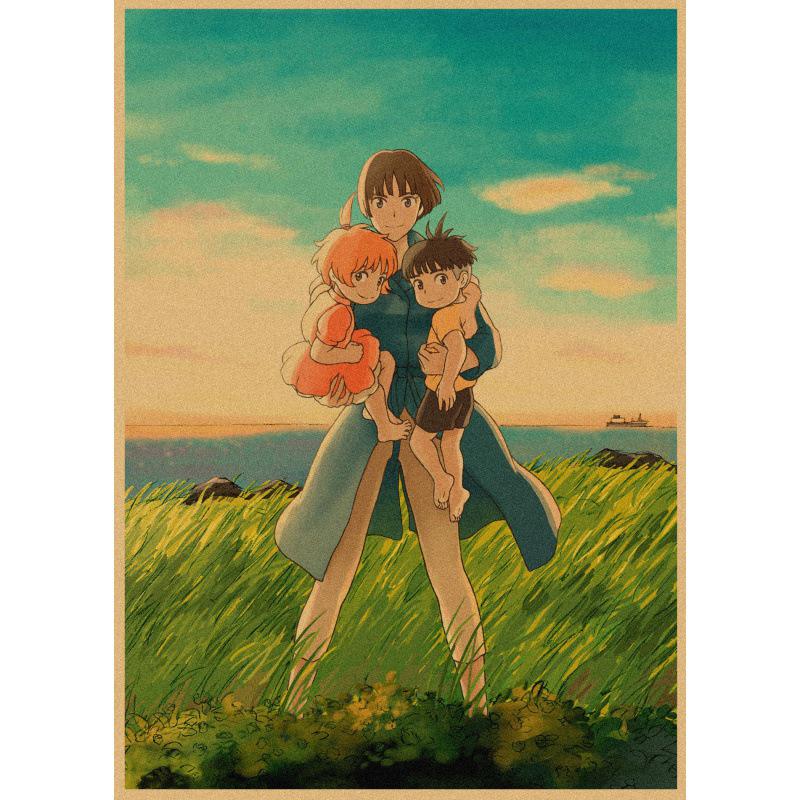 Ponyo on the Cliff Retro Anime Poster - Kraft Paper Wall Art