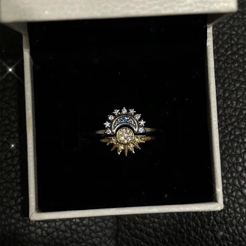 Женское небесно-синее сверкающее кольцо Солнце Луна Звезда Кольцо S925 Посеребренное кольцо с черным жемчугом