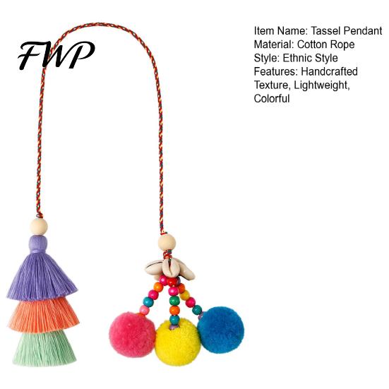Tote Bag Decoration Tassel Pendant Retro Ethnic Style Straw Canvas Natural Shell Decor Colorful Fur Ball Keychain Handbag Accessory Handmade Beaded