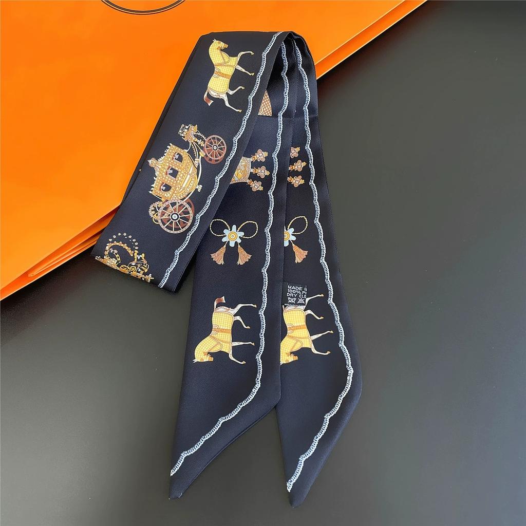 French Style Women Horse Printing Skinny Bag Scarf Luxury Twill Silk Foulard Ribbon Tie Head Scarves For Ladies