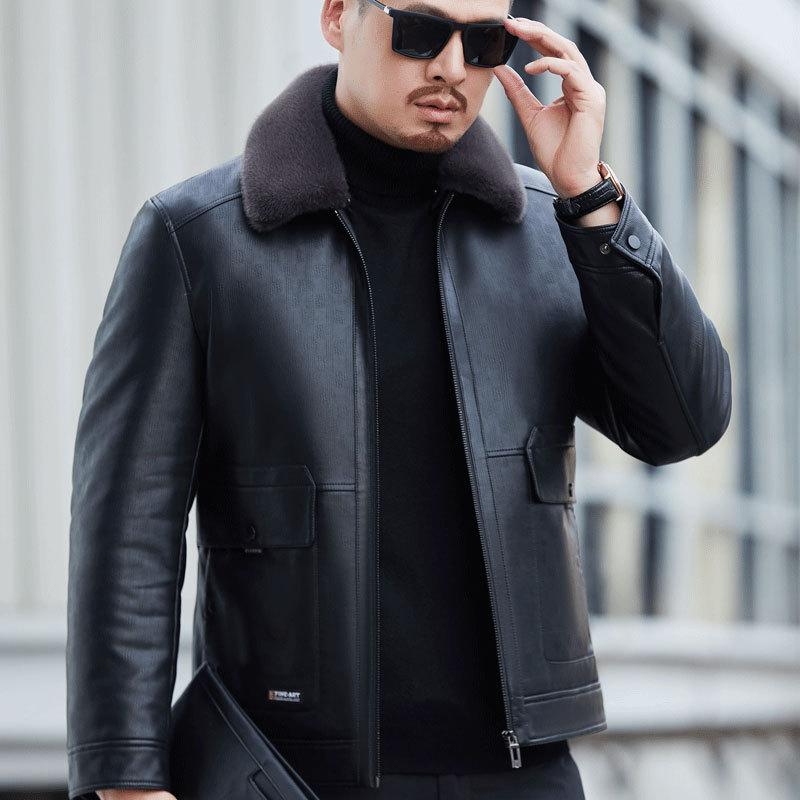 Men's Down Jacket Leather Jacket Men's Genuine Leather Jacket Lapel Thickened Warm White Duck Down Jacket Winter Jacket