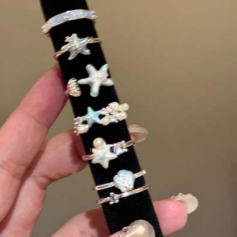 Sweet Blue Starfish Shell Rings for Women Fashion Imitation Pearl Open Rings Summer Seaside Vacation Jewelry Accessories