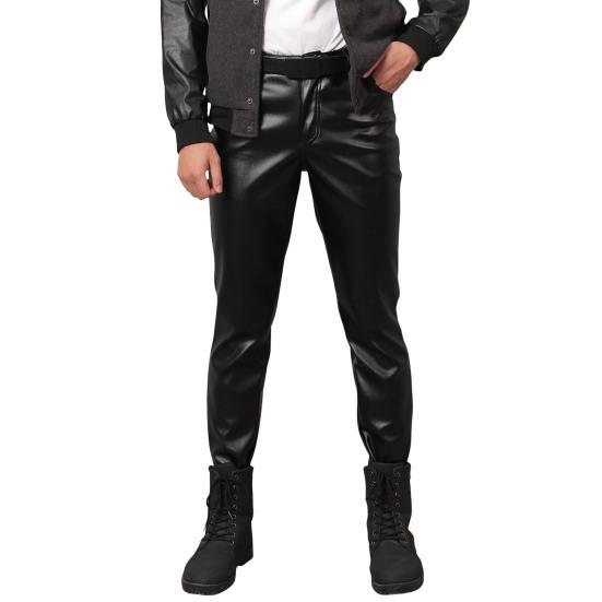 Мужские брюки из искусственной кожи средней посадки с гладкой застежкой-молнией на пуговицах