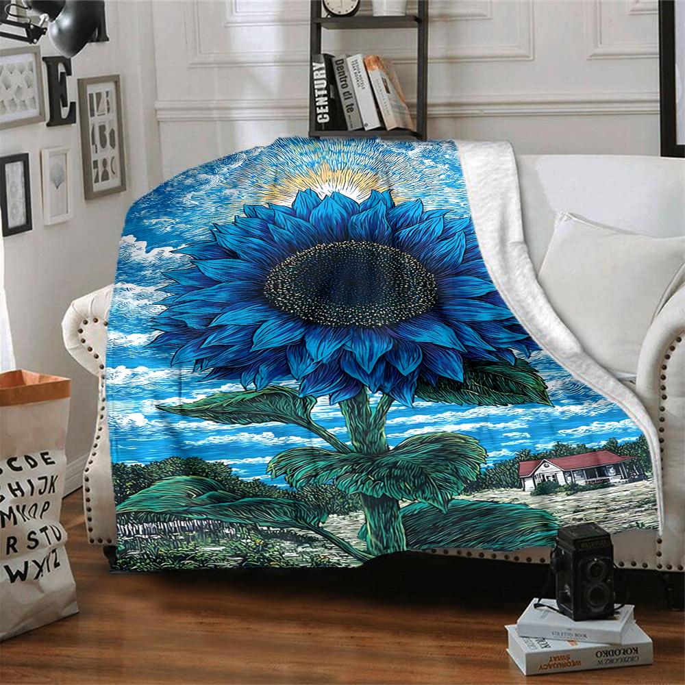 1Pc Blue Sunflower Sky Flannel Blanket, Soft And Comfortable, Casual Warm, Camping Travel, Christmas, Halloween Xmas Gift. G184