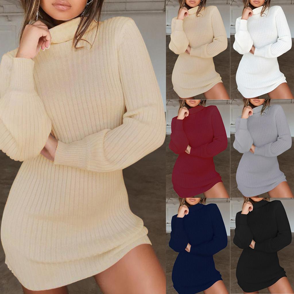 Women's Fashion Casual Knitted Long Sleeve Soild Turtleneck Sexy Slim Sweater Dress