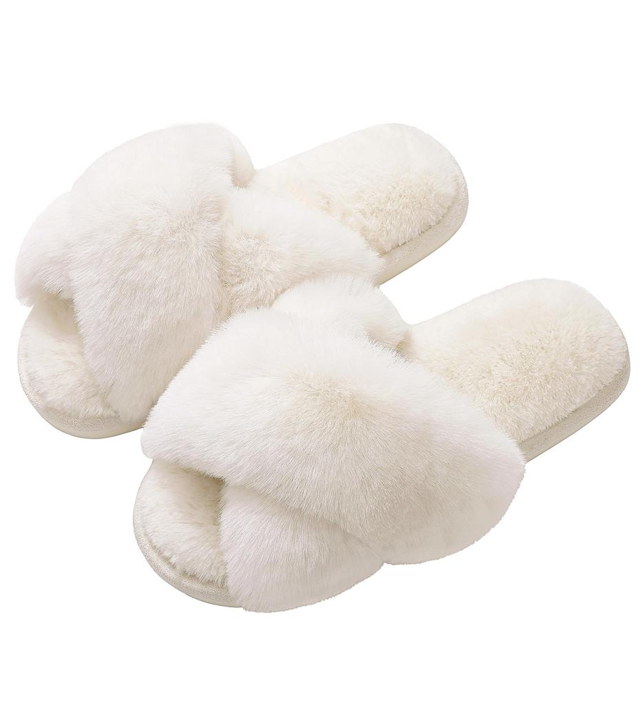 Comwarm Women's Cozy Fuzzy Slippers Open Toe Plush Cotton Flat Indoor Shoes Warm Comfortable Fluffy Slides for Home