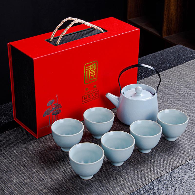 Керамический подарочный набор для чая Кунг-фу, Бизнес-подарочный набор, Печь Гэ, Печь Жу, Один чайник, Шесть чашек, Подарочная коробка, Глазурь с ледяной кракелюрой