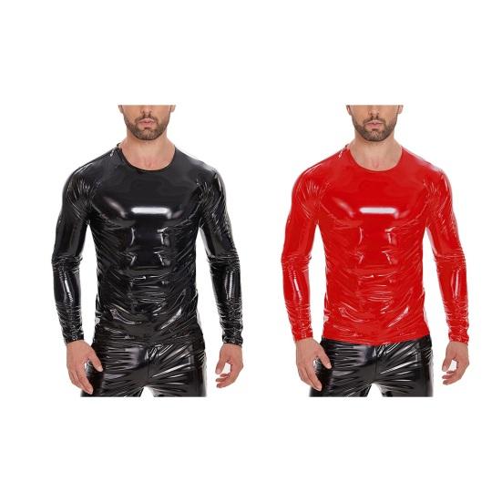 Мужская блестящая футболка из искусственной кожи с эффектом мокрого металла, с длинным рукавом, застежкой-молнией на плече, облегающая рубашка для вечеринок в стиле хип-хоп для ночных клубов