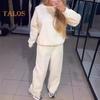 2 шт./комплект женский топ брюки костюм круглый вырез длинный рукав стразы декор толстовка эластичный пояс широкие брюки повседневная одежда спортивный наряд осень