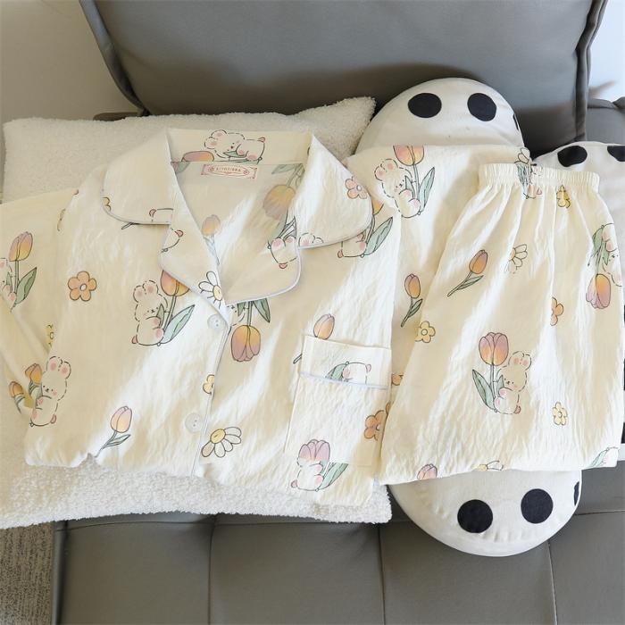 Print Cute Panda Women's Pajamas Set Autumn Spring Sleepwear Long Sleeve Tops and Pants Pajama 2 Piece Suit Nightwear Loungewear