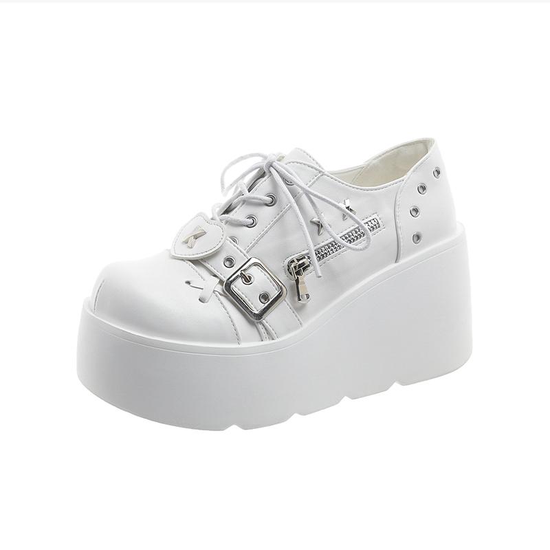 Мода 8,5 см Танкетка Толстая Подошва Мода Панк Обувь Женская Мода Классика Готика Металл Женщины Дамы Высокая Платформа Туфли-Лодочки