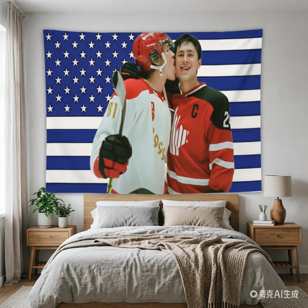 Hockey Patriotic Tapestry US Flag Sports Print Polyester Wall Hanging for Bedroom Ice Hockey Fan and Patriotic Home Decor