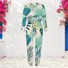 Women Plus Size White Teal Printed Round Neck Long Sleeve Cuffed Top And Cuffed Pants Two Piece Set