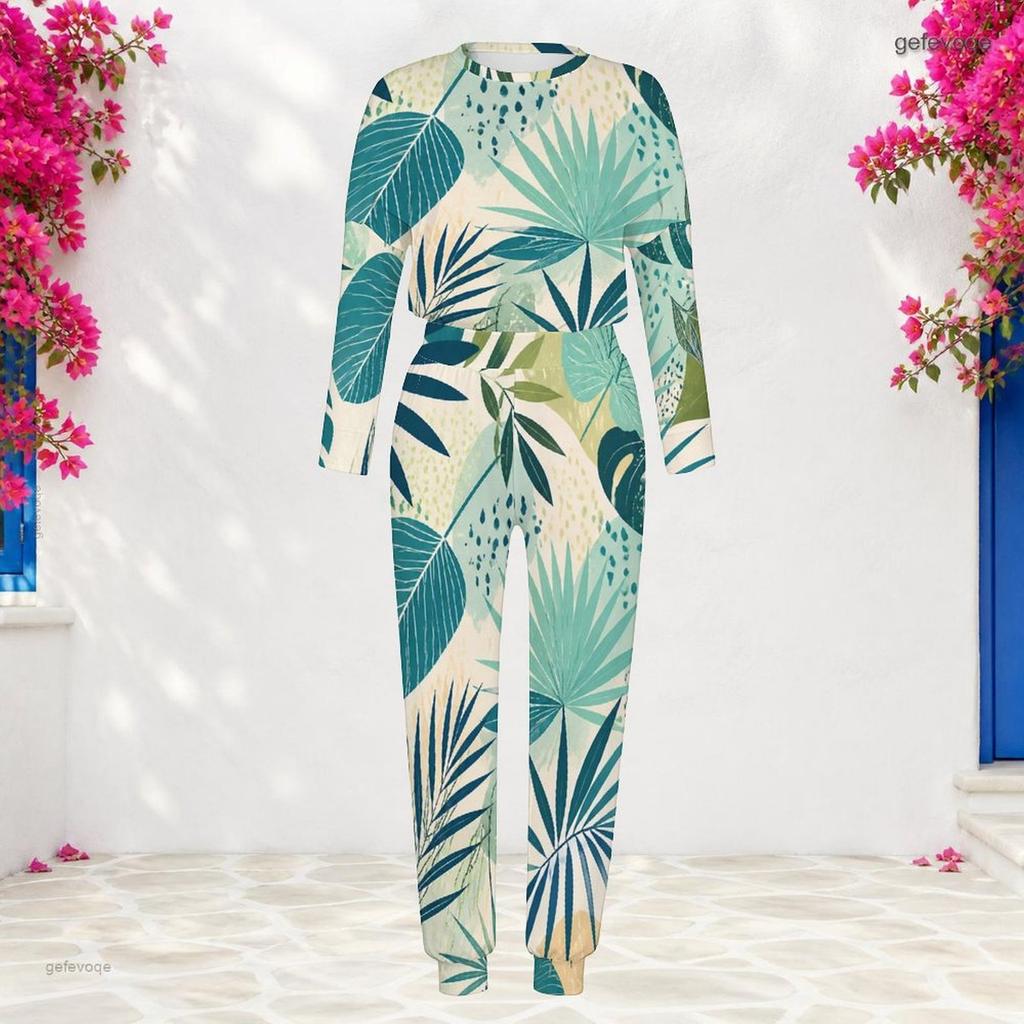 Women Plus Size White Teal Printed Round Neck Long Sleeve Cuffed Top And Cuffed Pants Two Piece Set