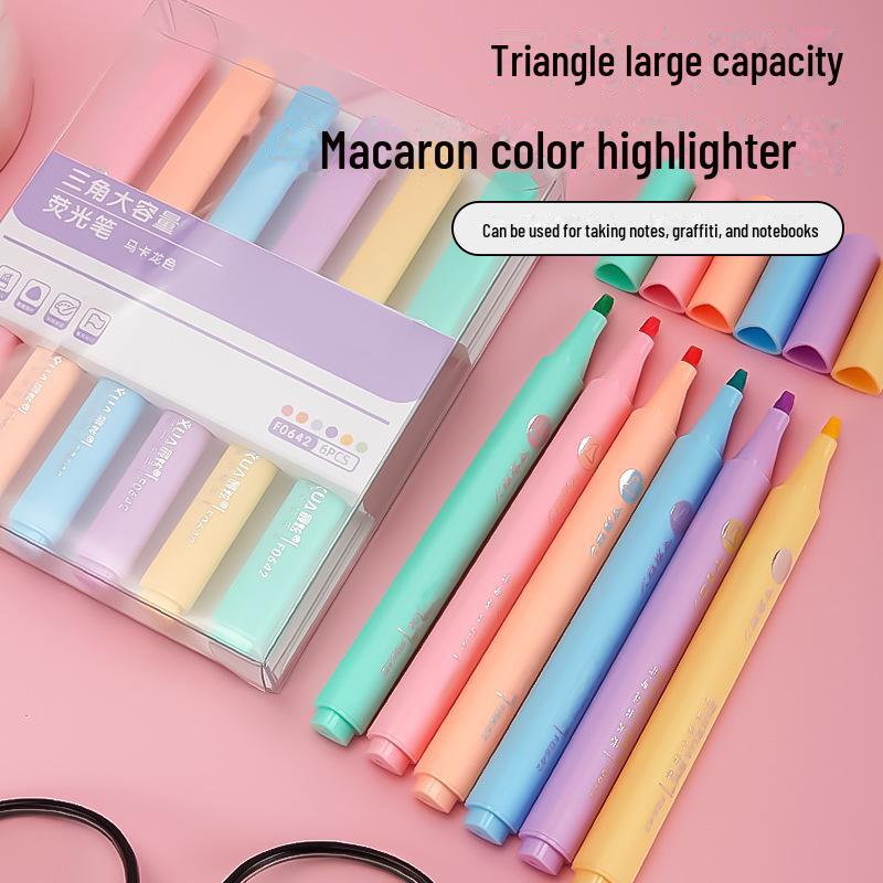 6 Triangle Rods Large Capacity Macaron Color Fluorescent Markers for Painting, Coloring, and Watercolor.
