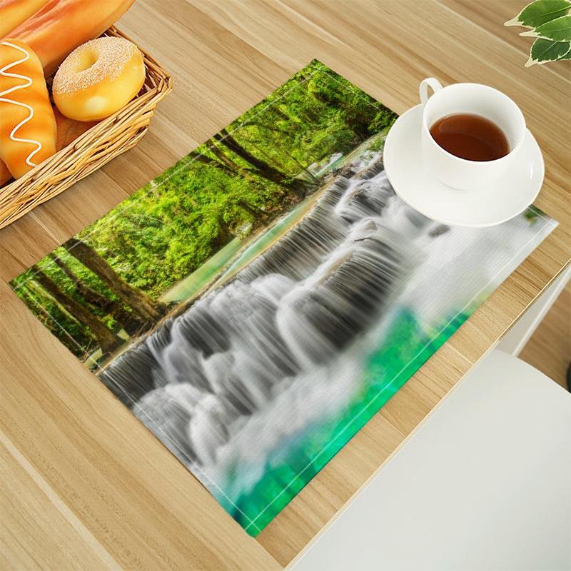 Natural Waterfall Print Linen Dining Table Mats Alphabet Kitchen Placemat 30X45cm Coasters Pads Bowl Cup Mat
