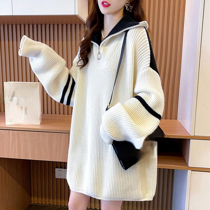 DIMANAF 2023, свитера, зима-осень, женский пуловер на молнии, вязаный водолазка с длинными рукавами, синий, белый, свободный свитер