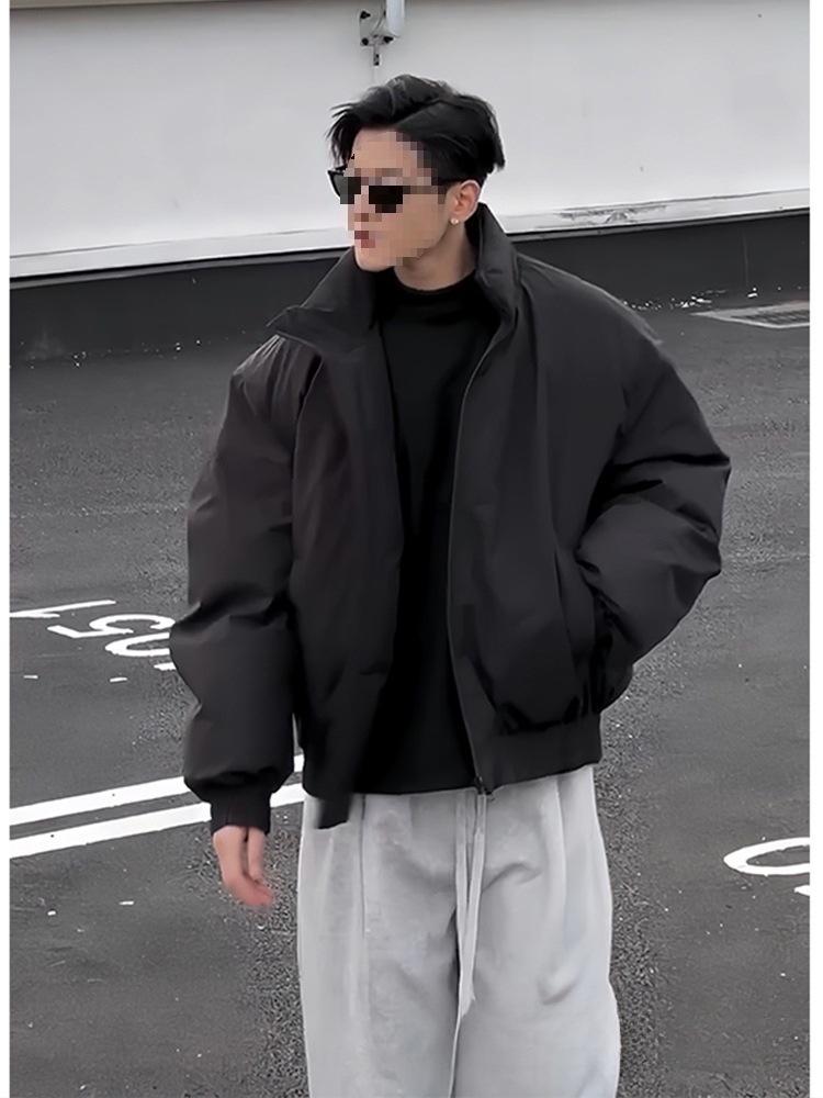 Men's American Rebellious Black Bomber Down Coat - Loose Fit Short Workwear Jacket