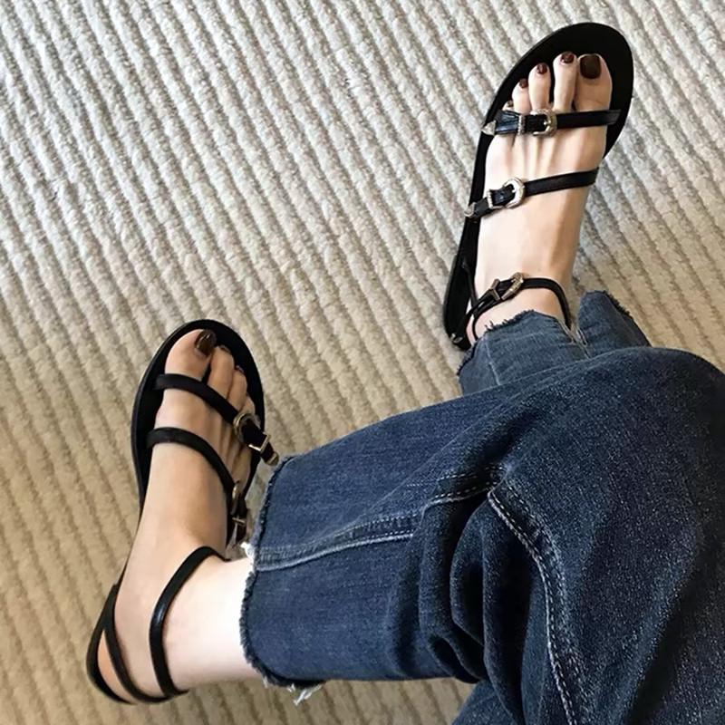 Fashion Fashion Multi Metal Buckle Design Flat Sandals Women Summer Sexy Open Toe Ankle-Wrap Beach Roman Sandals Elegant Dress Shoes