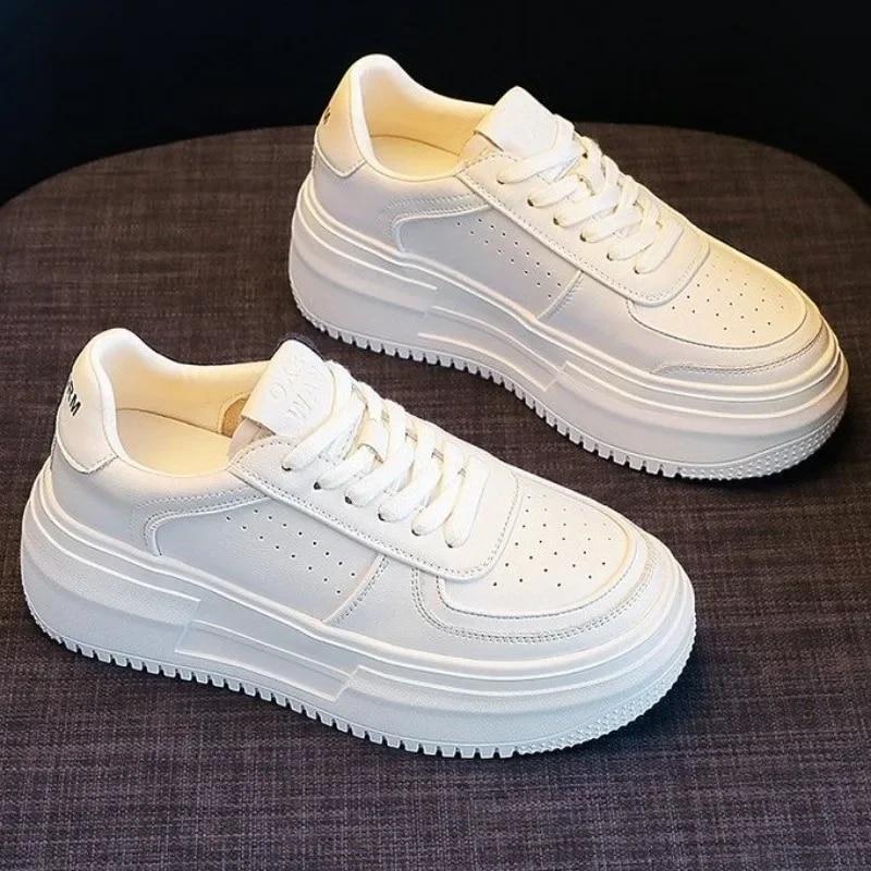 2024 New Leather Women's White Casual Woman Vulcanize Sneakers Breathable Sport Walking Running Platform Flats Shoes