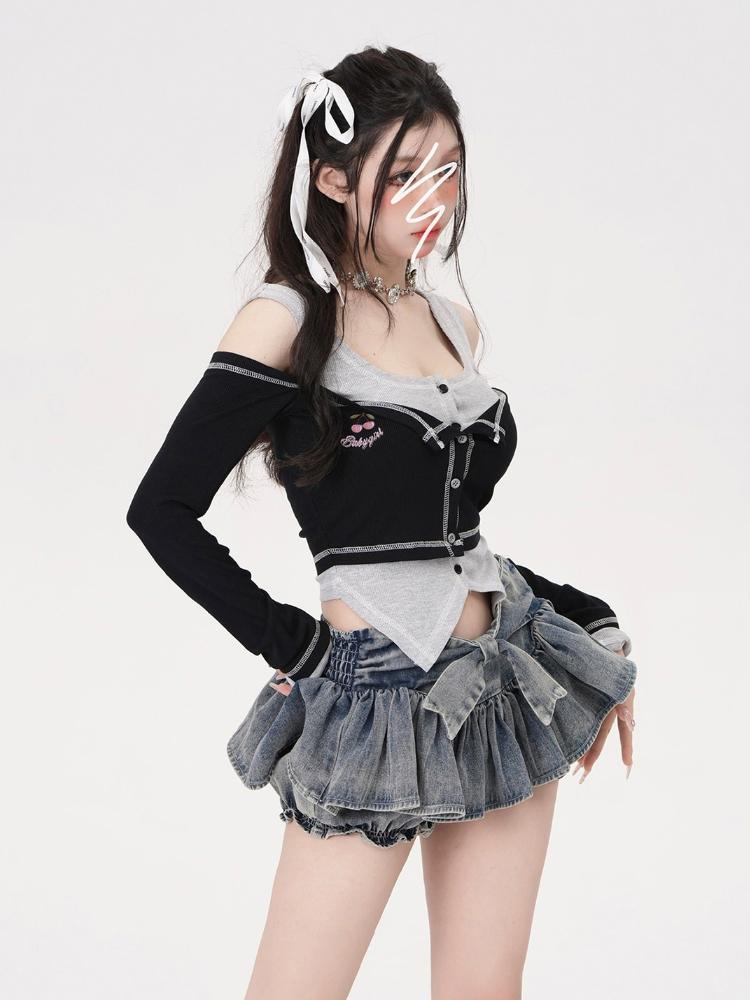 Джинсовая плиссированная юбка с бантом и тортом, американская команда поддержки, трапециевидной формы для девочек, синяя мини-юбка с высокой талией и галстуком-бабочкой, женская