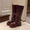 Брюки Штаны Ботинки Толстоподошвенные Высокие Рыцарские Ботинки Женские 2025 Осень и Зима Новые Ботинки Spice Girl Маленькие Ретро Ботинки с Мехом