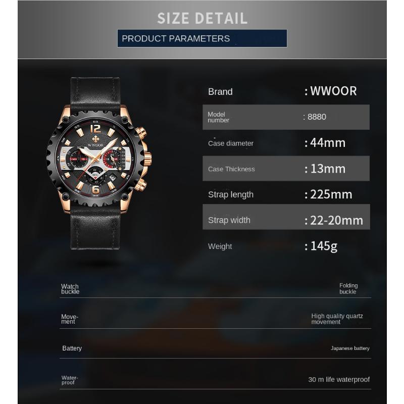WWOOR Мужские часы с кожаным ремешком, повседневные деловые мужские часы, водонепроницаемые модные кварцевые мужские часы