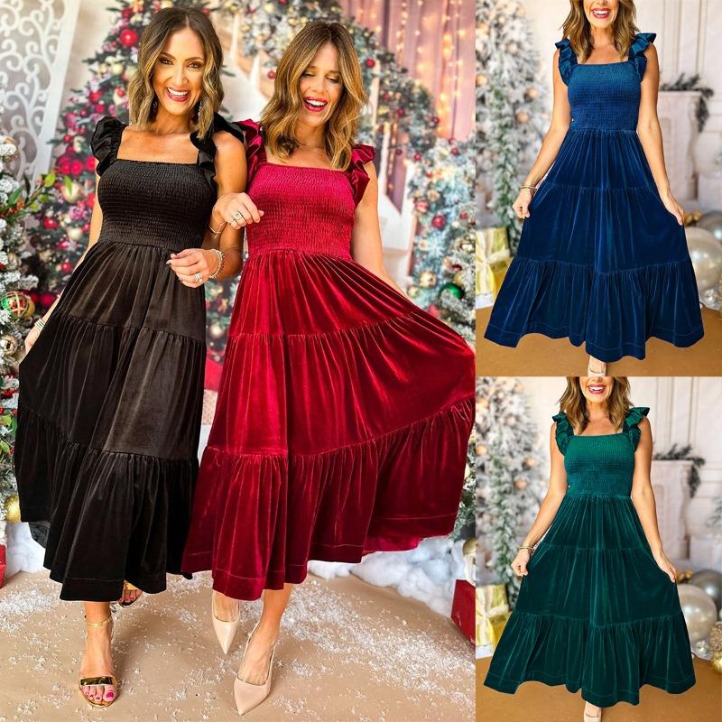 Женское новое однотонное бархатное платье с квадратным вырезом и деревянными ушками сбоку, длинное платье А-силуэта