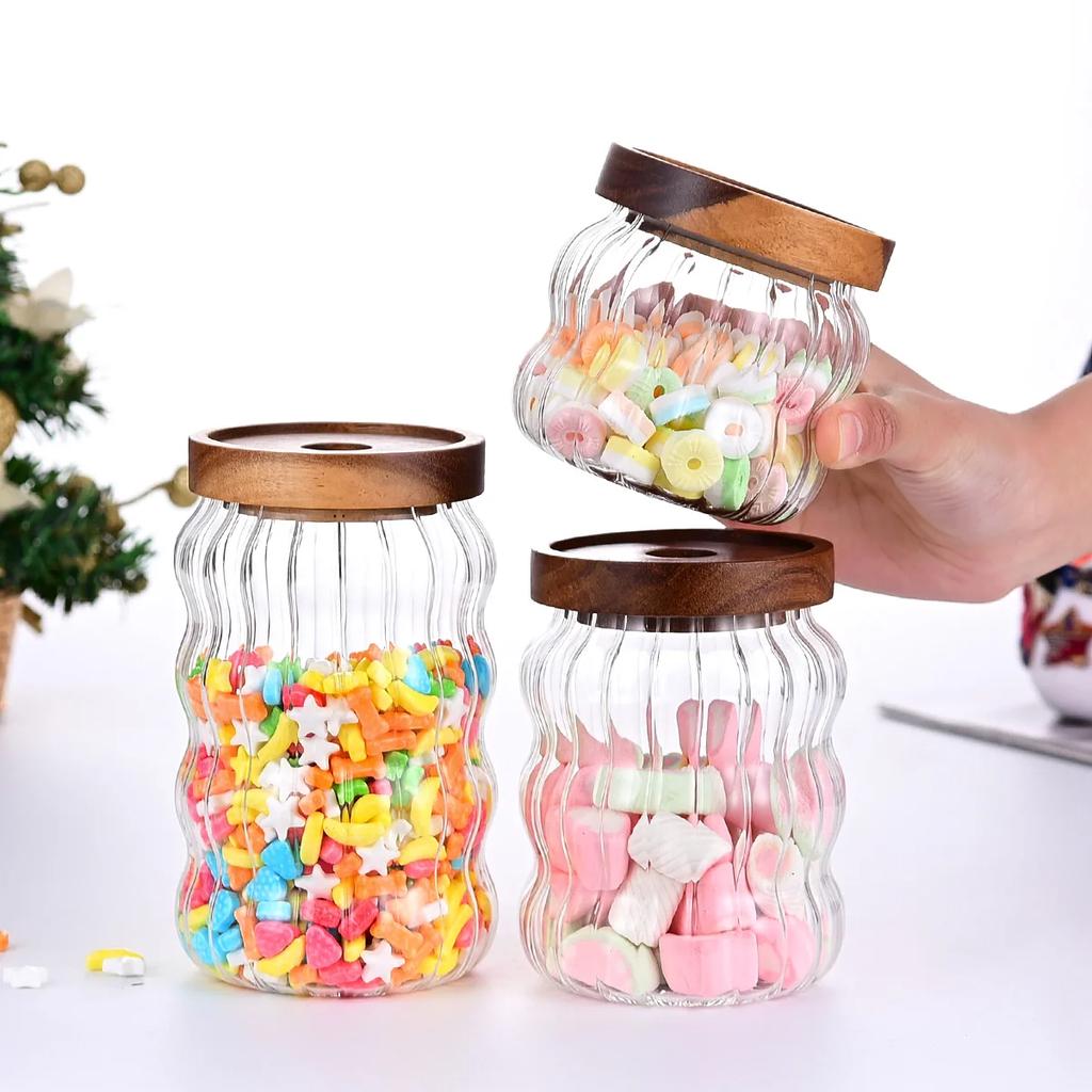 Деревянная крышка Полосатая стеклянная бутылка для хранения Запечатанная банка Чай Кофе Зерна Зерна Банки для конфет Органайзер Кухонная еда Стеклянные контейнеры