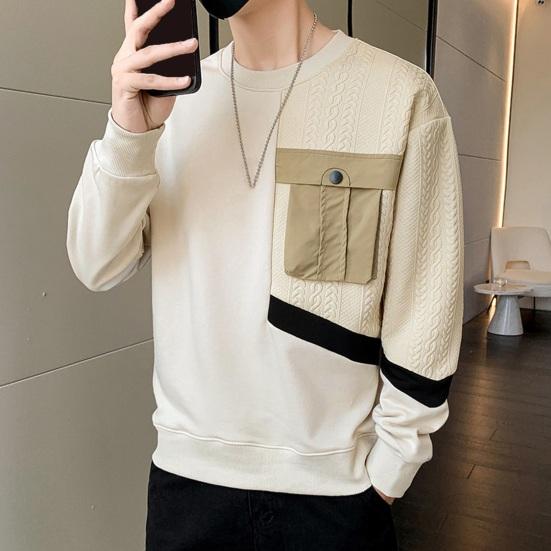 Осень-весна Мужская толстовка с круглым вырезом Аппликация Карман в стиле пэчворк Сплошной цвет с длинным рукавом Свободный пуловер Мягкий дышащий средней длины Мужской повседневный топ