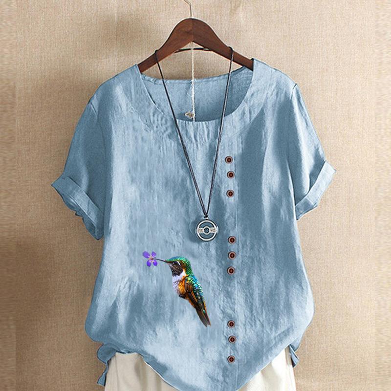 Women's Fashion Bird Prined Round Neck Short Sleeve T-shirt Casual Cotton Linen Graphic Shirt Leisure Loose Summer Blouse Tops