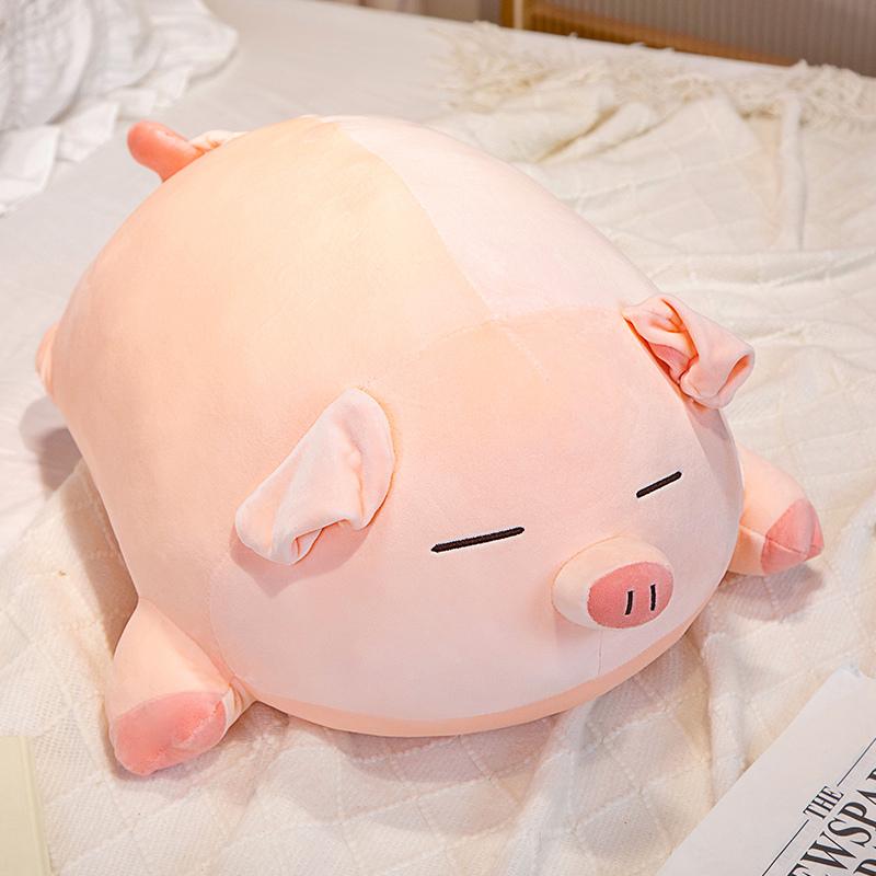 Non-Toxic Squishy Pink Fatty Piggy Pig Doll Plush Toy Down Cotton Stuffed Eyes Closed/Open Cartoon Animal Lying Plushie Bolster Gift