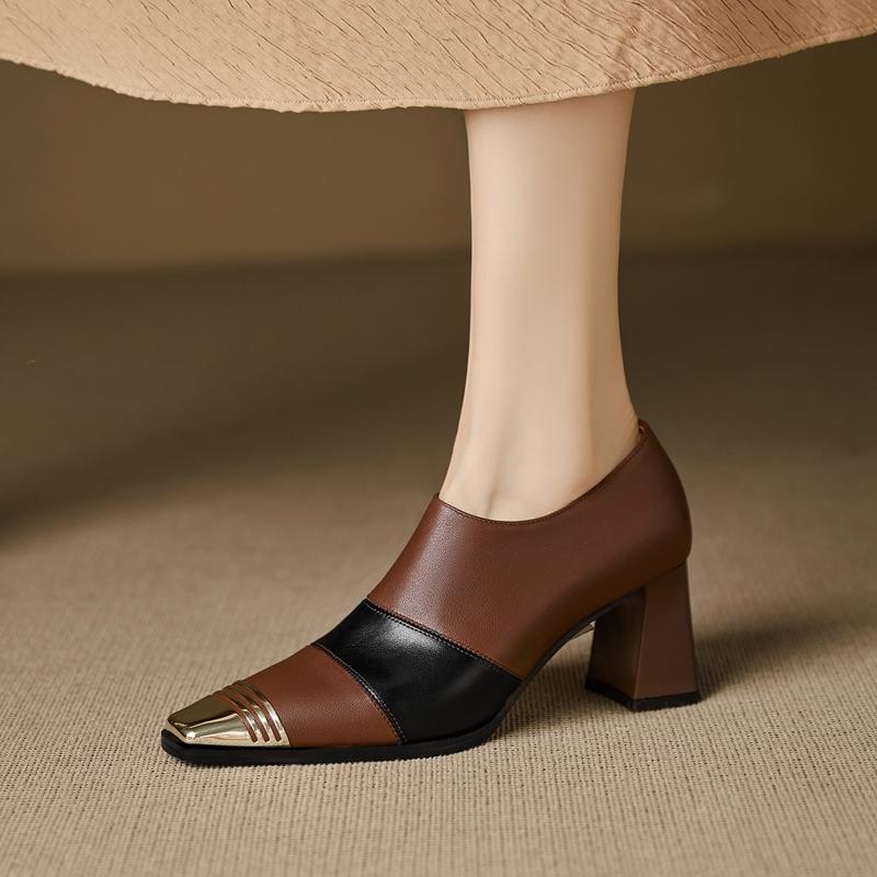 Мода 2026 Весна Новые Женские Туфли Натуральная Кожа Базовые Лодочки Толстый Высокий Каблук Слипоны Офисные Туфли Весна Комфорт Повседневная Обувь Женщина