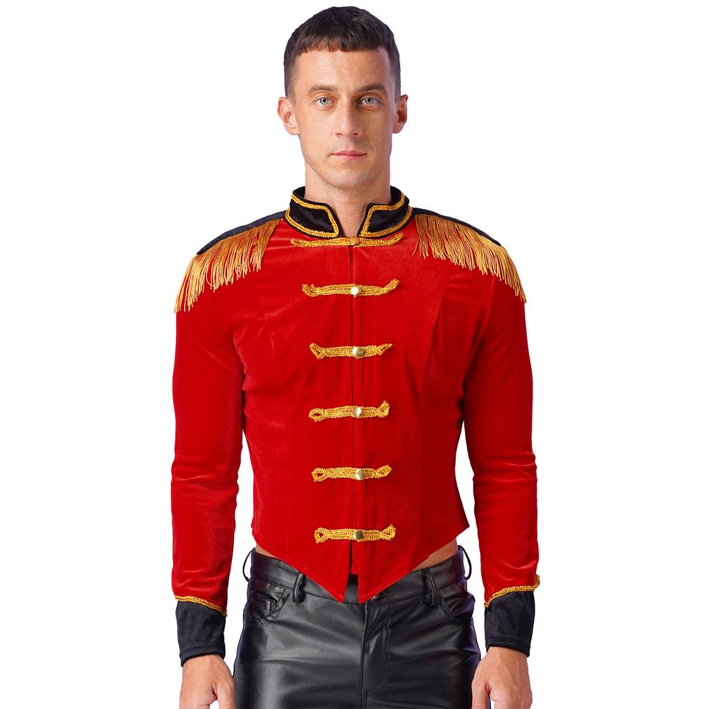 Mens Womens Circus Costume Ringmaster Jacket Tops Long Sleeve Disfraz Circo Fringed Shoulder Board Velvet Coat for Halloween