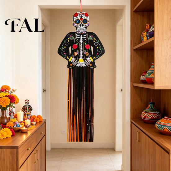 Durable PET Paper Wind Sock Day of The Dead Hanging Decoration, Dia De Los Muertos Floral Skull Party Supplies Foil Fringe Decor, Mexican Fiesta
