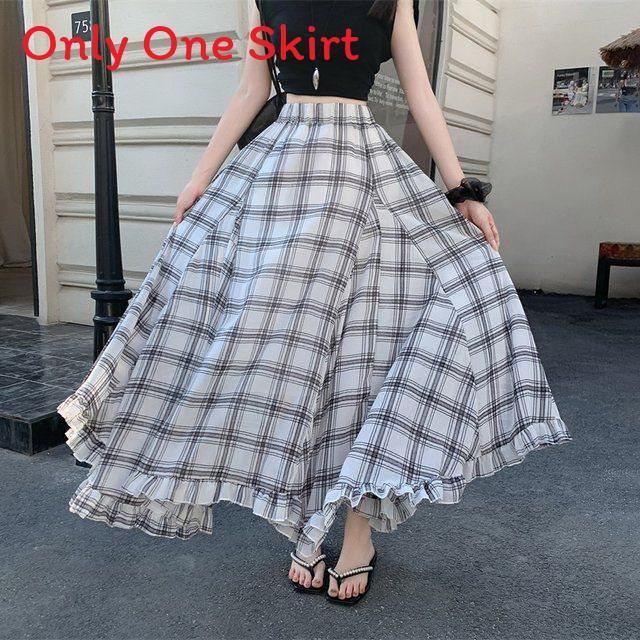 Long Vintage Check Plaid Chiffon Skirt With Asymmetric Hem For Summer Casual Women