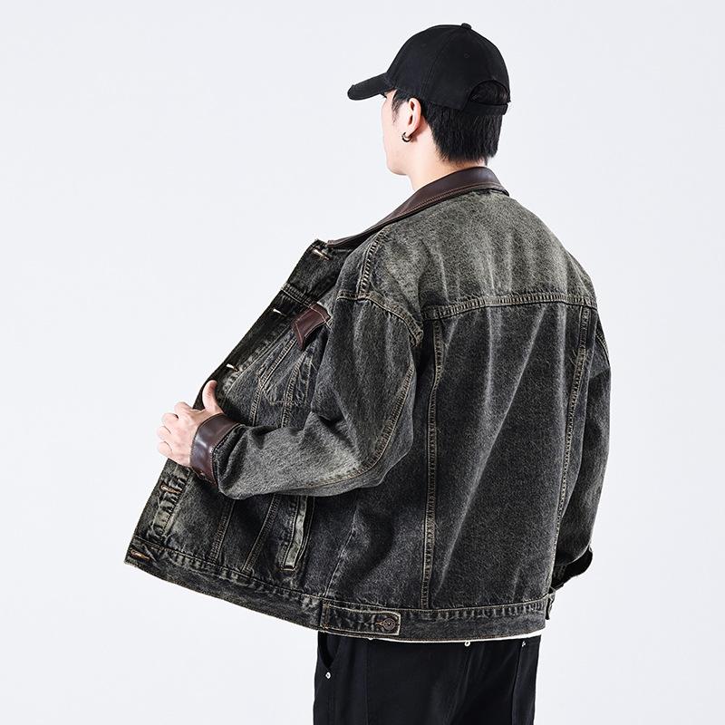 Новая джинсовая куртка черная серая нано ретро кожа мужская джинсовая куртка длинные рукава