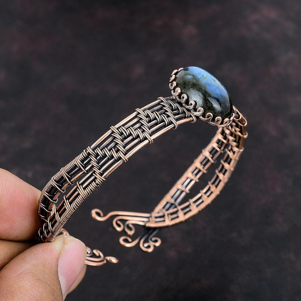 Браслет из лабрадорита, браслет-манжета из медной проволоки, ювелирные изделия из лабрадорита, регулируемый браслет, браслет-манжета из драгоценных камней, браслет ручной работы для подарка
