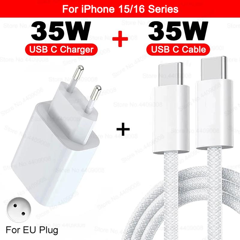 PD 35 Вт Быстрое зарядное устройство USB C для Apple iPhone 15 14 13 12 11 16 Pro Max Быстрая зарядка Кабель USB Type C для зарядки iPhone 16 Зарядное устройство